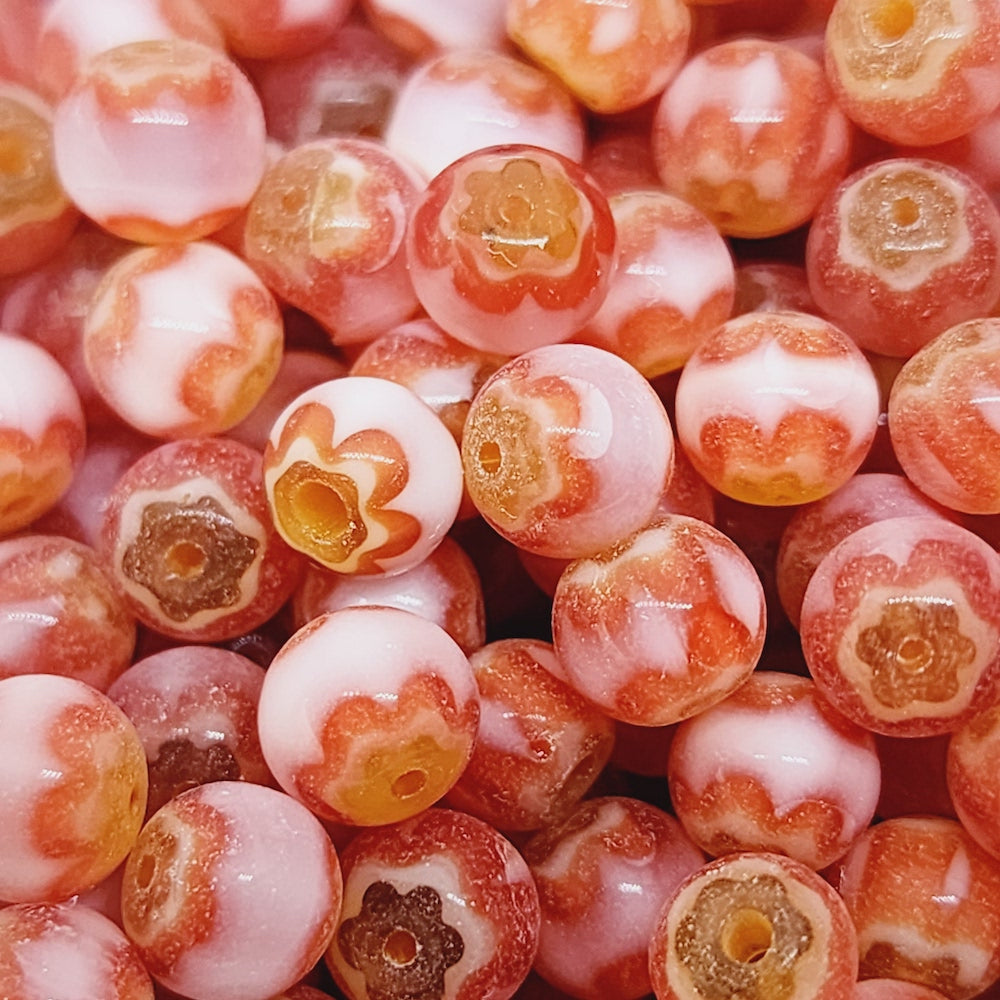 6mm Round (25) - White, Orange & Yellow - Vintage Chevron Glass Beads