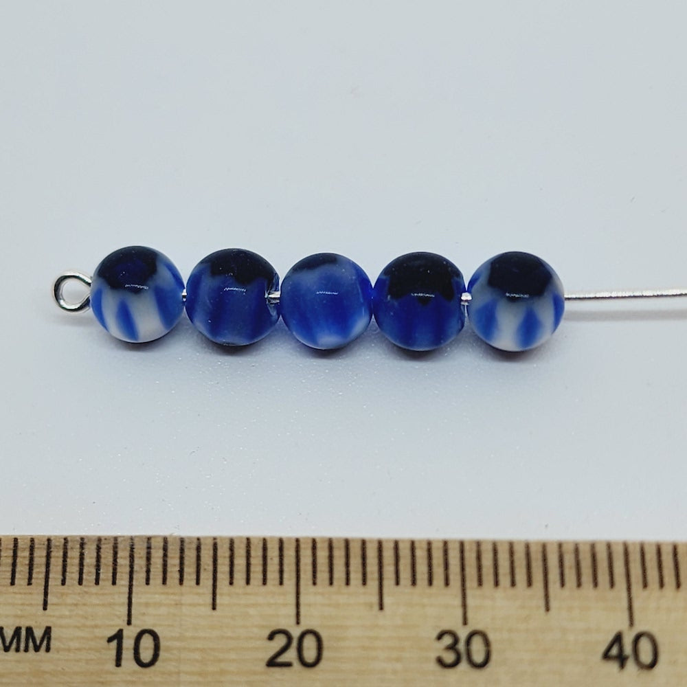 6mm Cross Drilled Round (25) - Blue & Black - Vintage Chevron Glass Beads