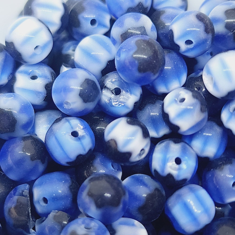 6mm Cross Drilled Round (25) - Blue & Black - Vintage Chevron Glass Beads