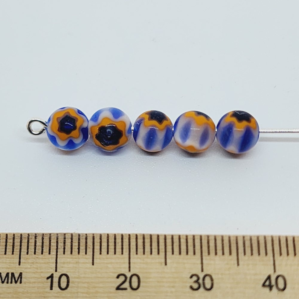 6mm Cross Drilled Round (25) - Blue & Orange - Vintage Chevron Glass Beads