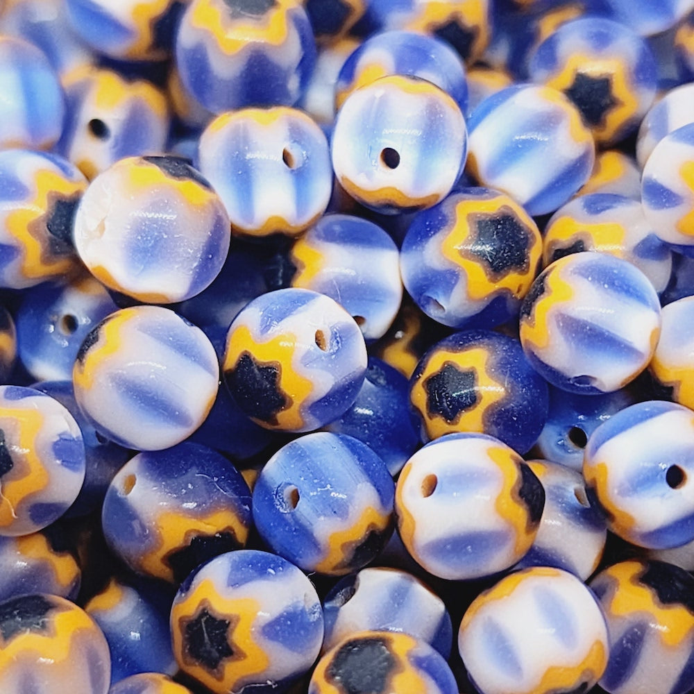 6mm Cross Drilled Round (25) - Blue & Orange - Vintage Chevron Glass Beads