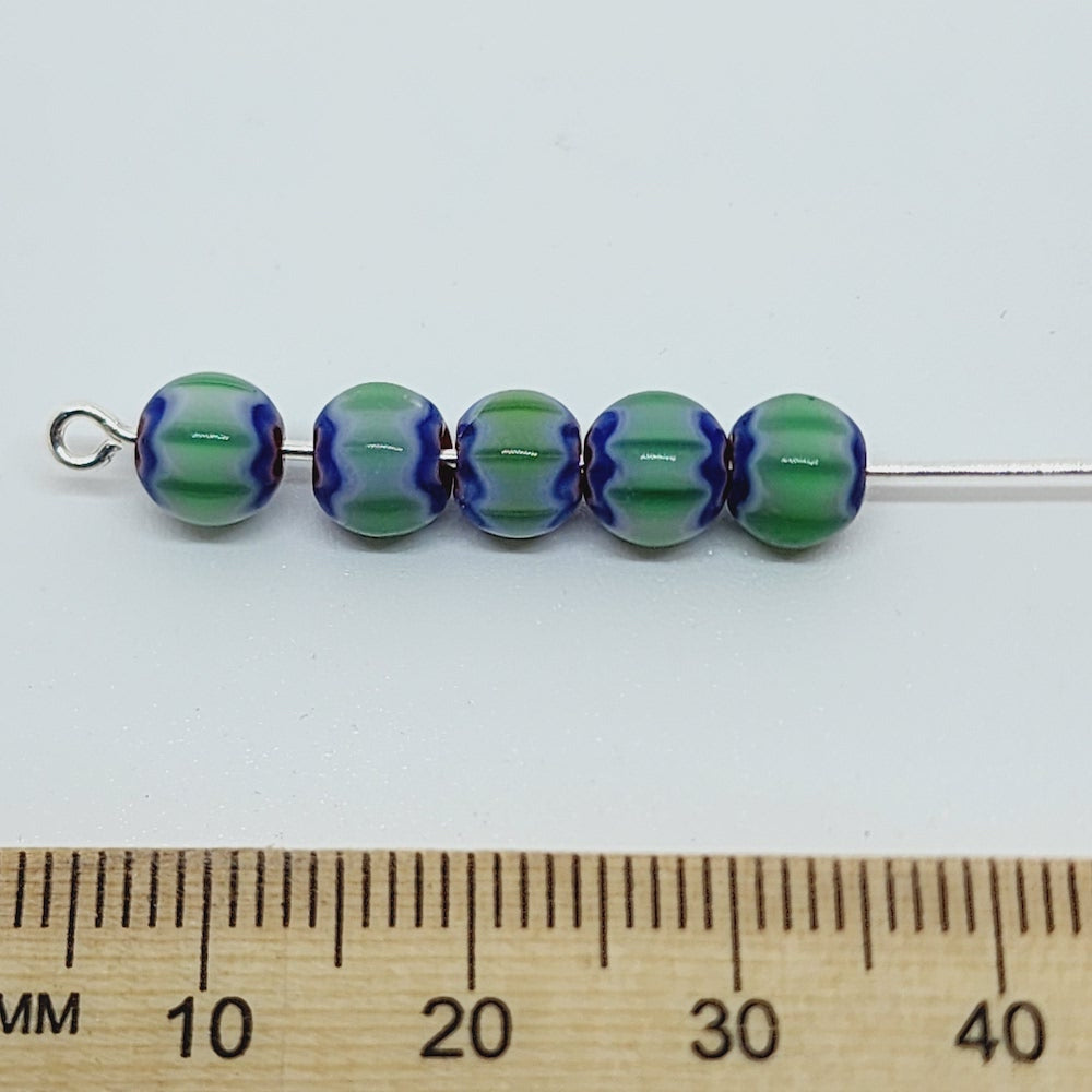 6mm Round (25) - Blue, Green & Red - Vintage Chevron Glass Beads