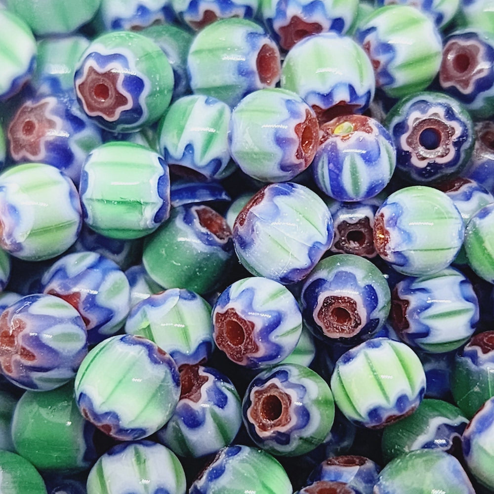 6mm Round (25) - Blue, Green & Red - Vintage Chevron Glass Beads