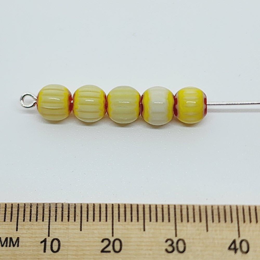 6mm Round (25) - Yellow & Red - Vintage Chevron Glass Beads