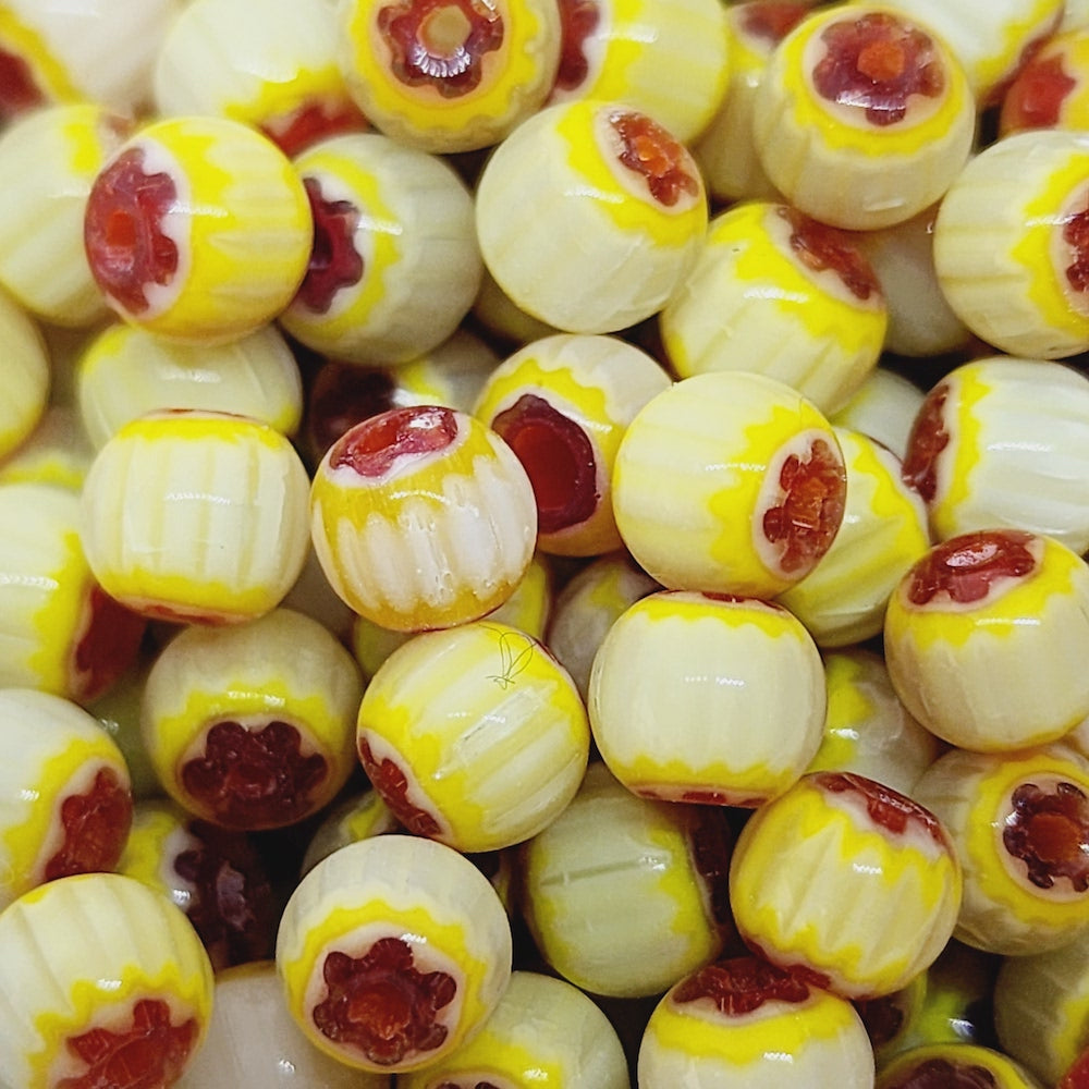 6mm Round (25) - Yellow & Red - Vintage Chevron Glass Beads