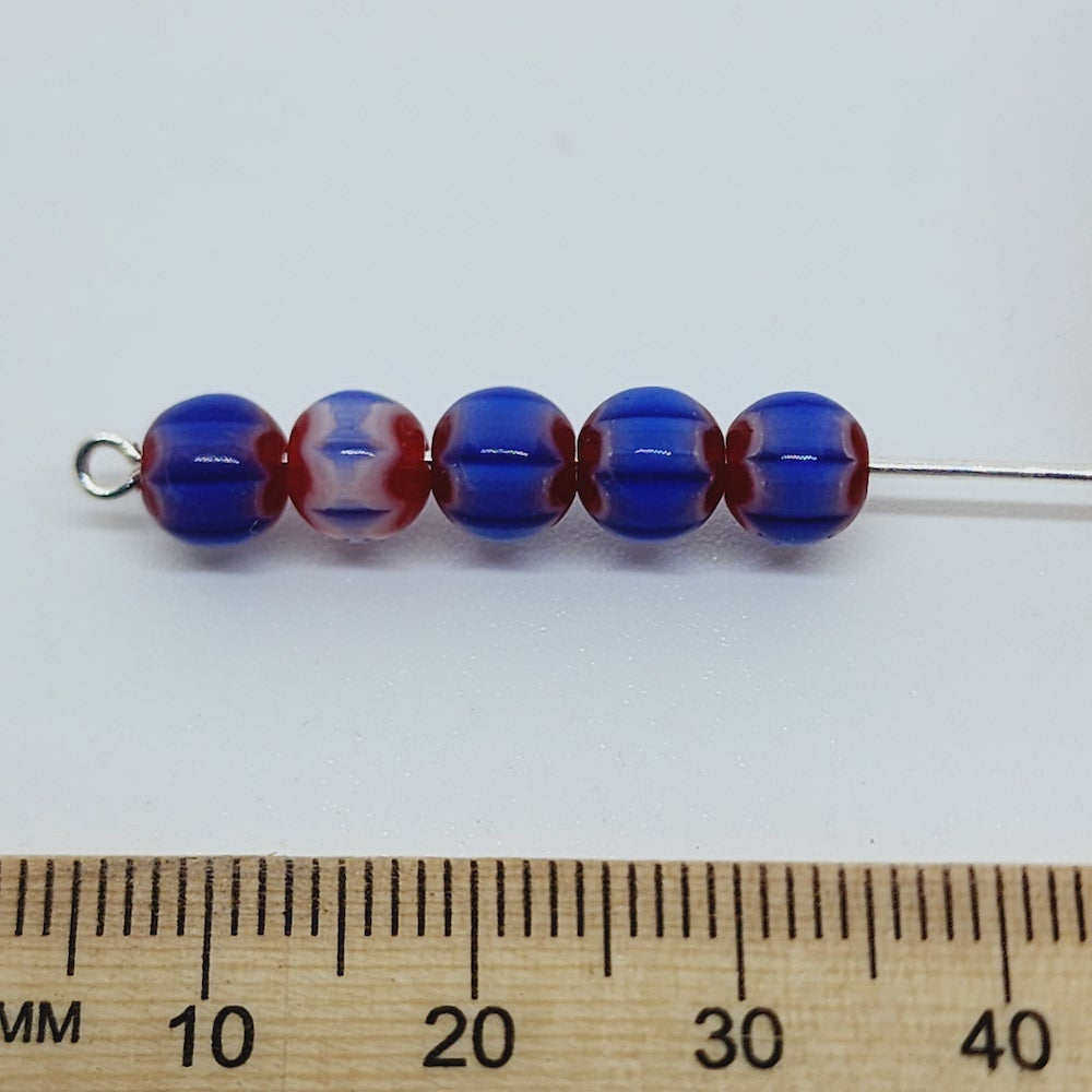 6mm Round (25) - Blue & Red - Vintage Chevron Glass Beads