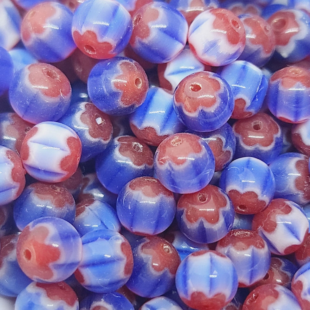 6mm Round (25) - Blue & Red - Vintage Chevron Glass Beads