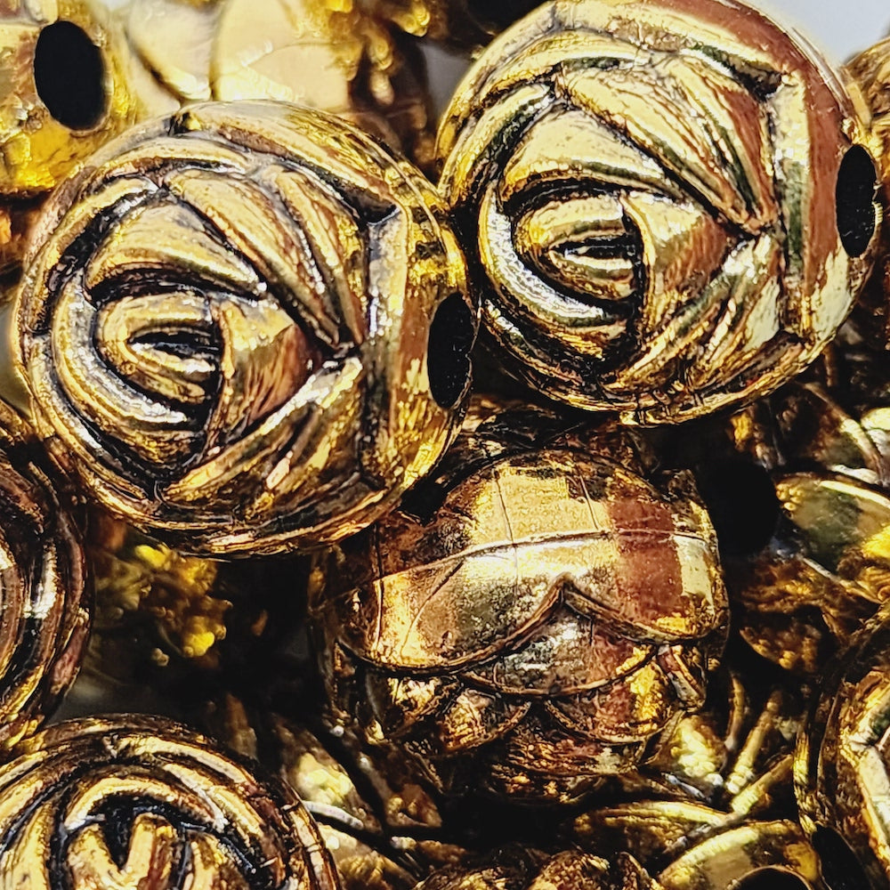 15mm Round Rose (10) - Antique Gold - Vintage Metalised Beads