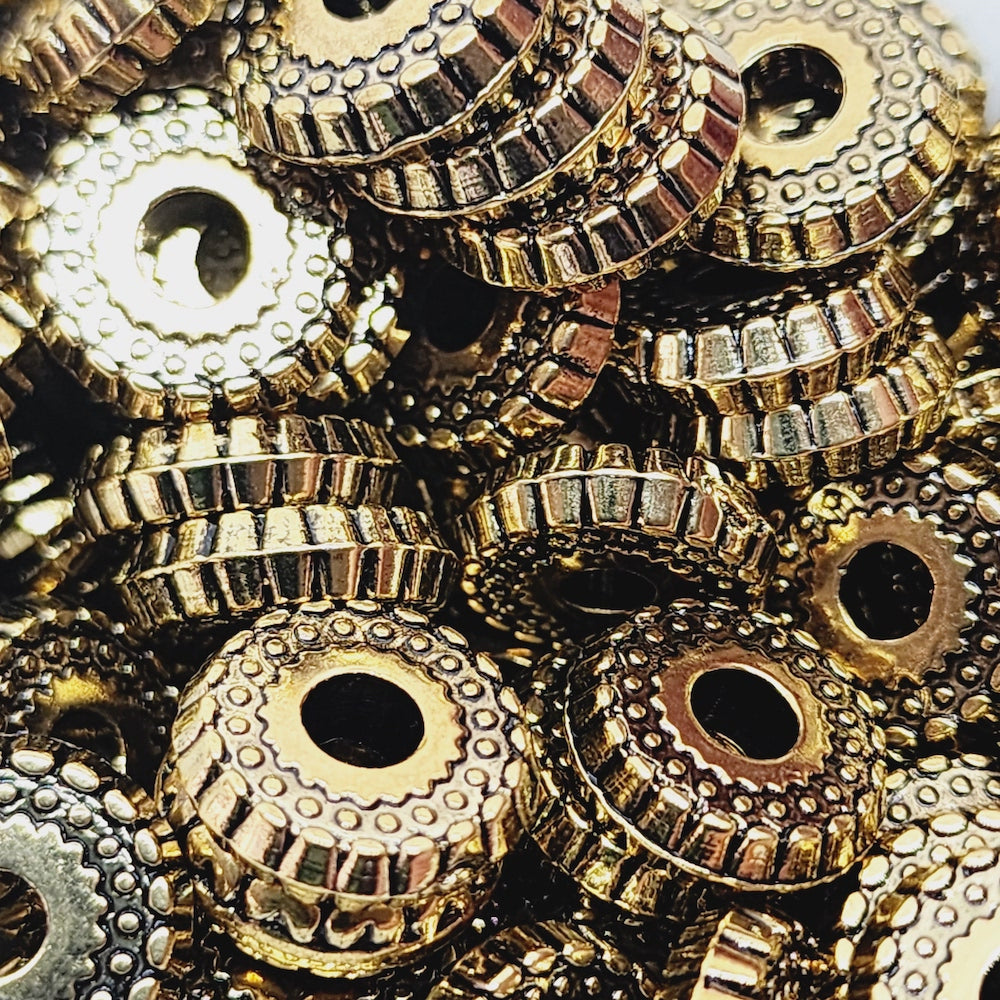 3x12mm Wheel (25) - Antique Gold - Vintage Metalised Beads