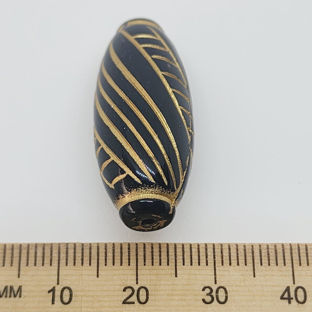 32x13mm Capped Oval (10) - Black/Gold - Vintage Art Deco Style Lucite Beads