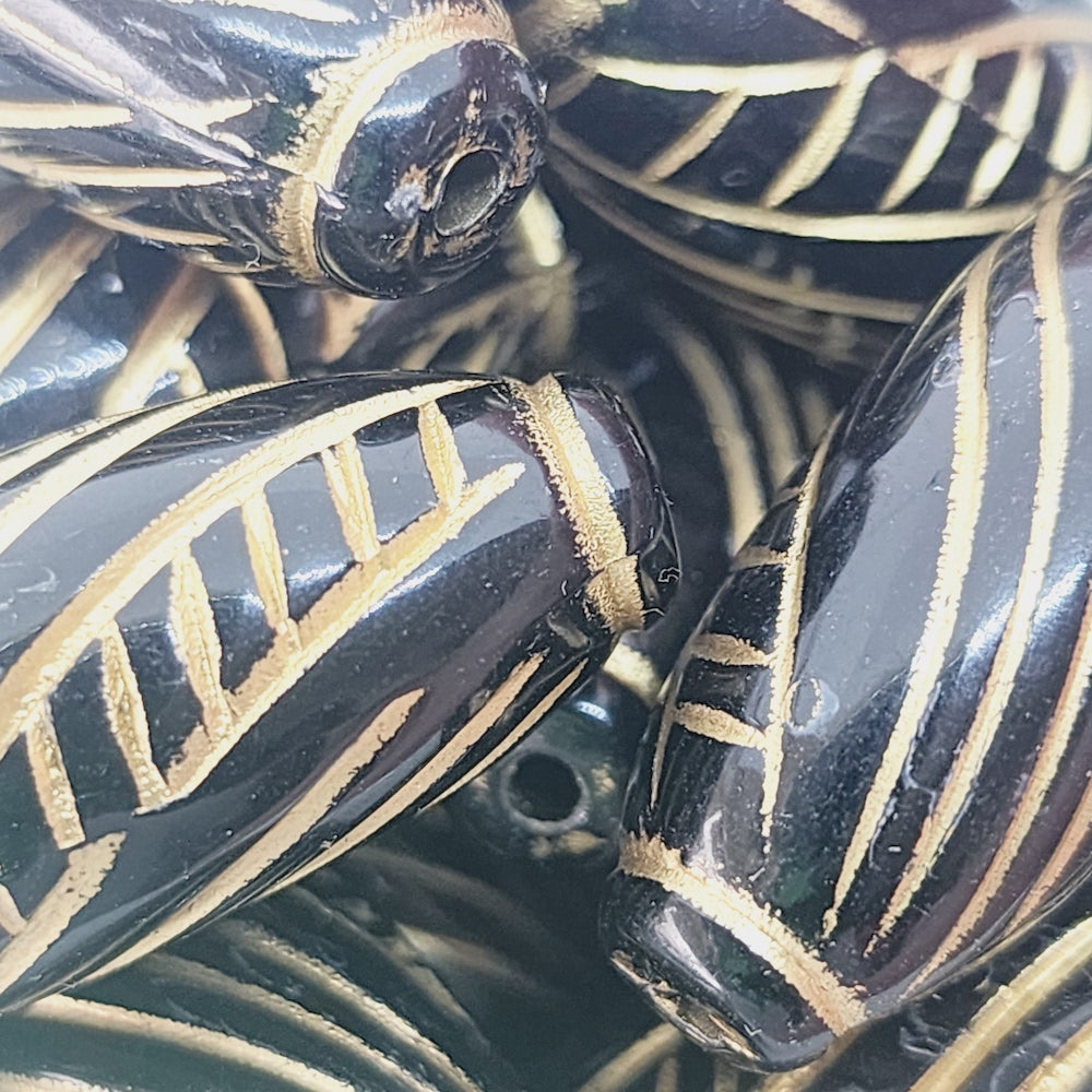 32x13mm Capped Oval (10) - Black/Gold - Vintage Art Deco Style Lucite Beads