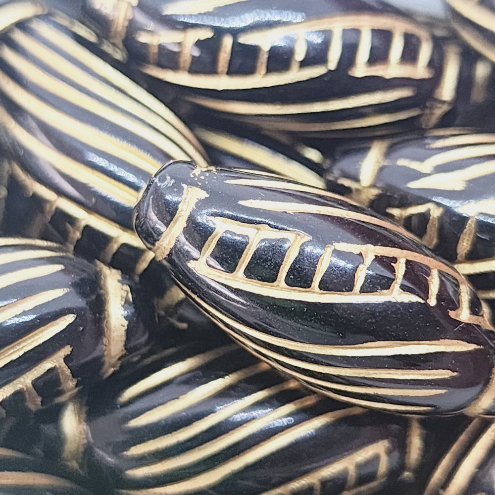 25x11mm Capped Oval (10) - Black/Gold - Vintage Art Deco Style Lucite Beads