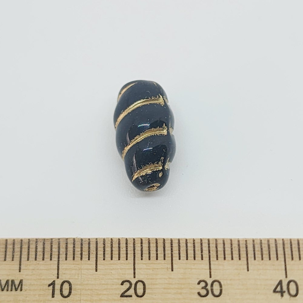 16x9mm Oval (10) - Black Opaque w. Gold - Vintage Czech Glass Beads