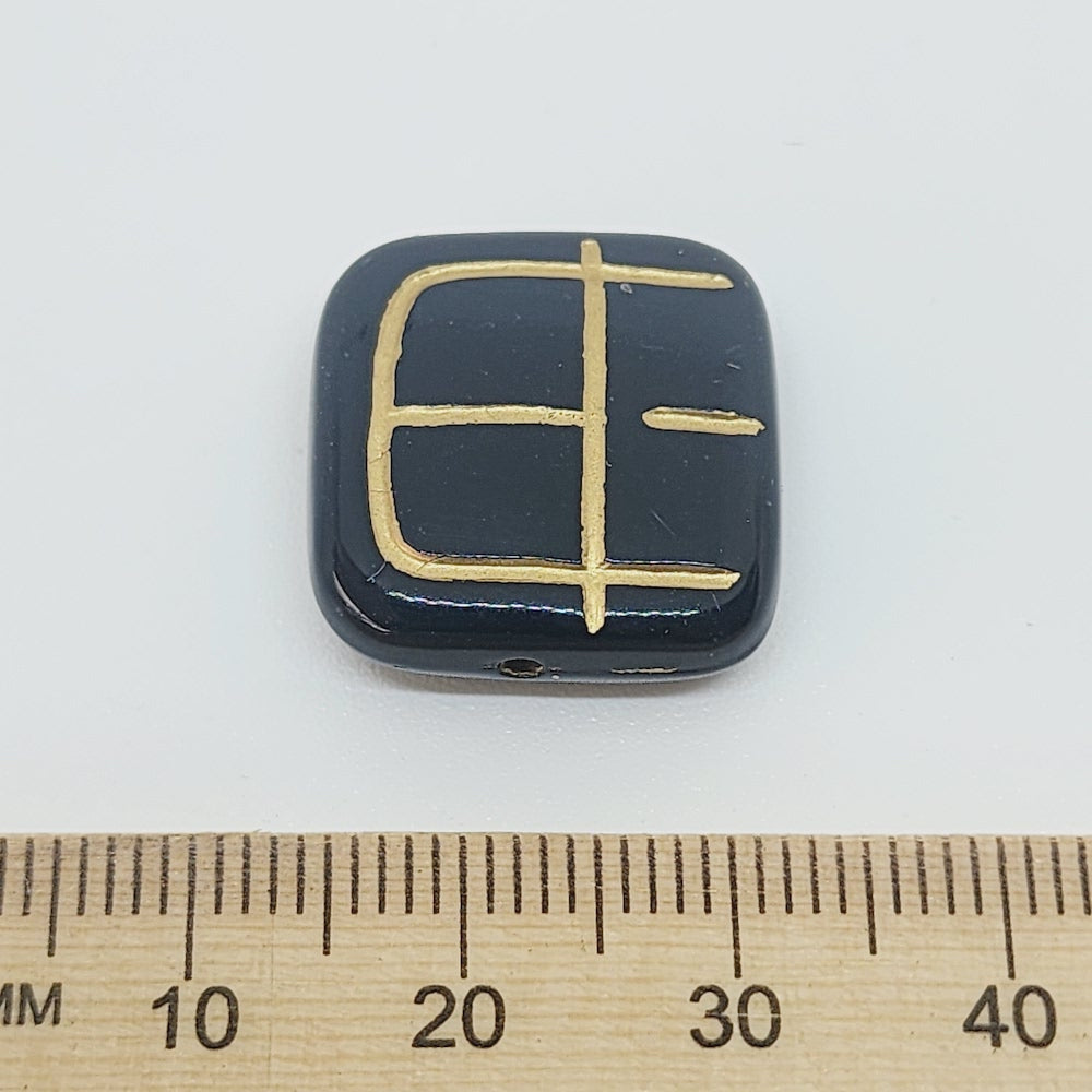 19mm Flat Square (10) - Black/Gold - Vintage Art Deco Style Lucite Beads