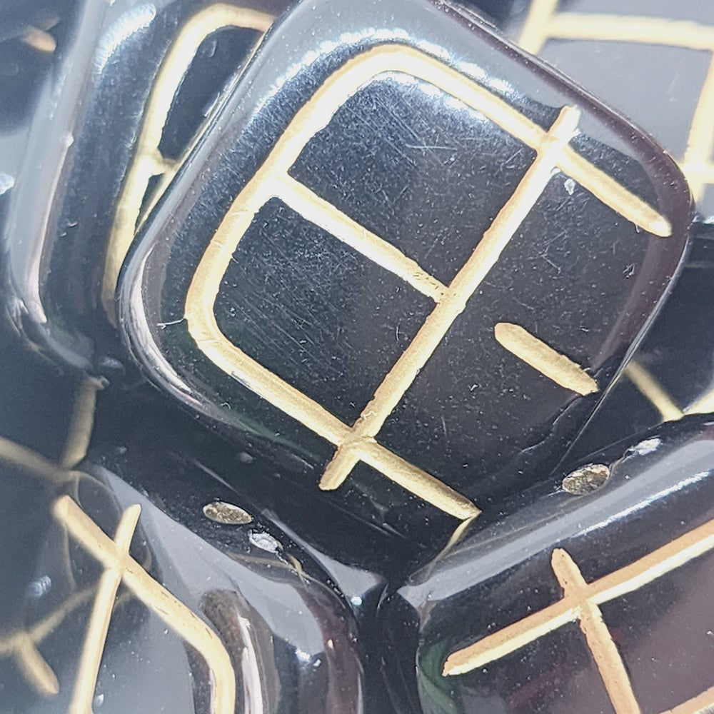 19mm Flat Square (10) - Black/Gold - Vintage Art Deco Style Lucite Beads