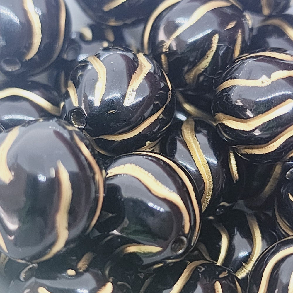 12mm Round (10) - Black/Gold - Vintage Art Deco Style Lucite Beads