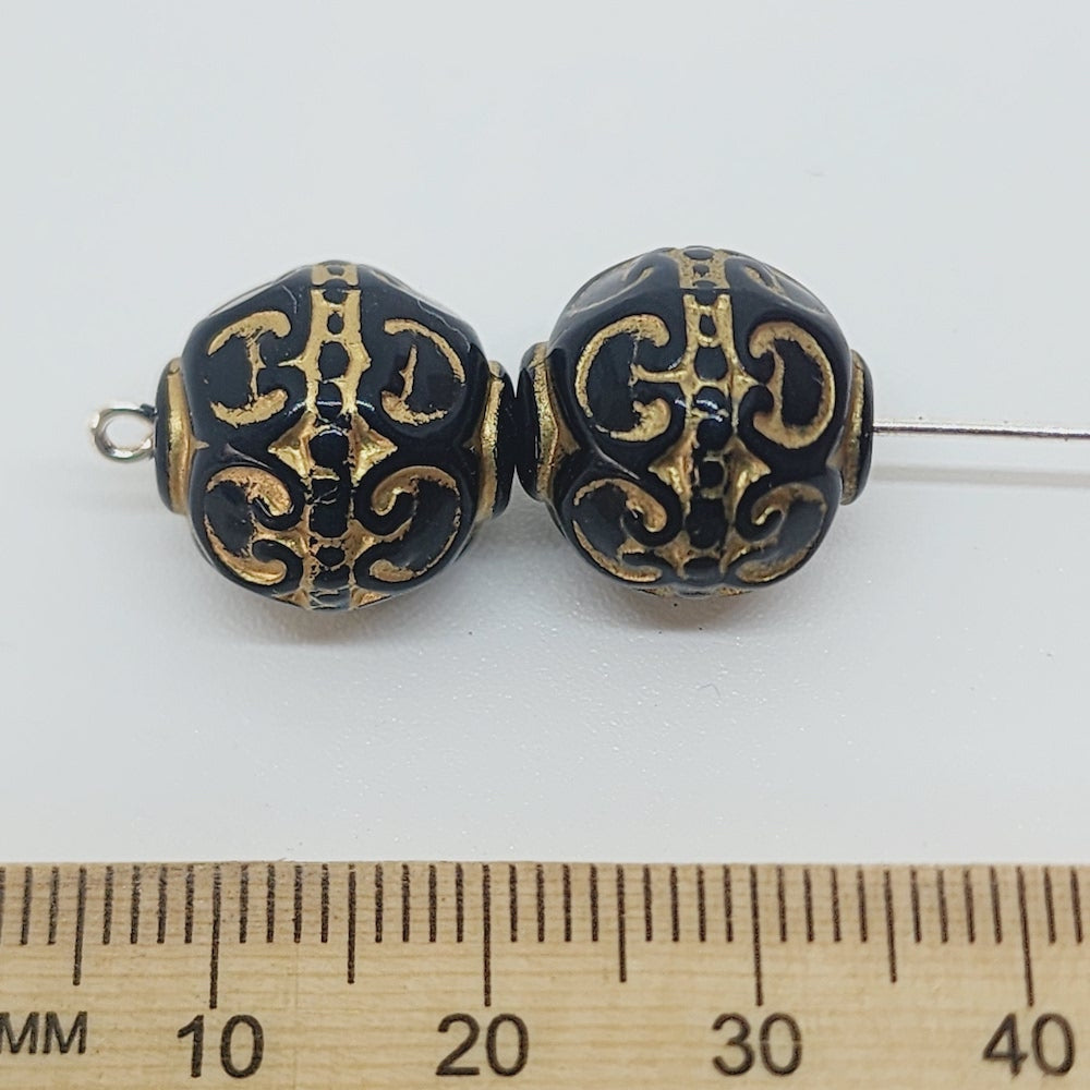 12mm Round (10) - Black/Gold - Vintage Art Deco Style Lucite Beads