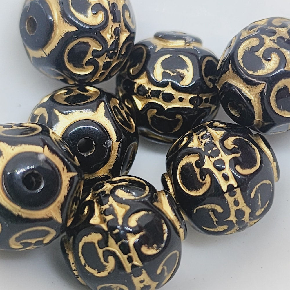 12mm Round (10) - Black/Gold - Vintage Art Deco Style Lucite Beads