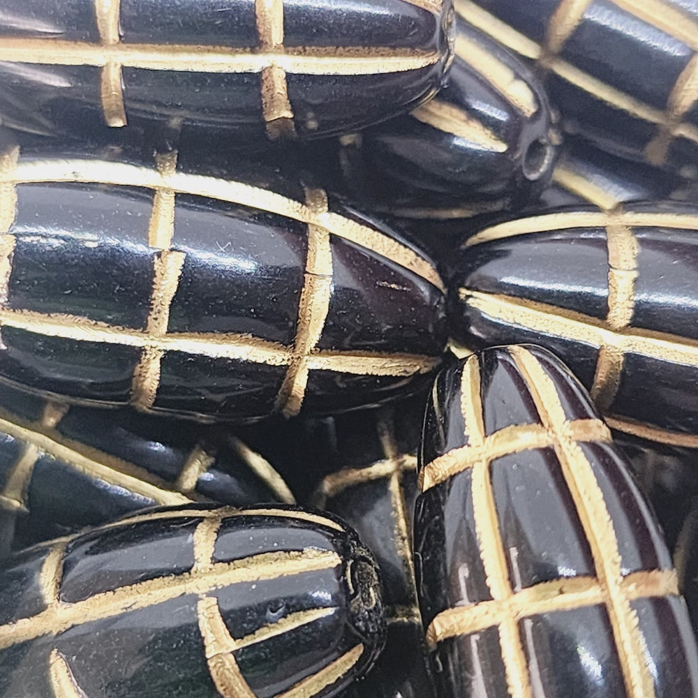 25x10mm Rice (10) - Black/Gold - Vintage Art Deco Style Lucite Beads