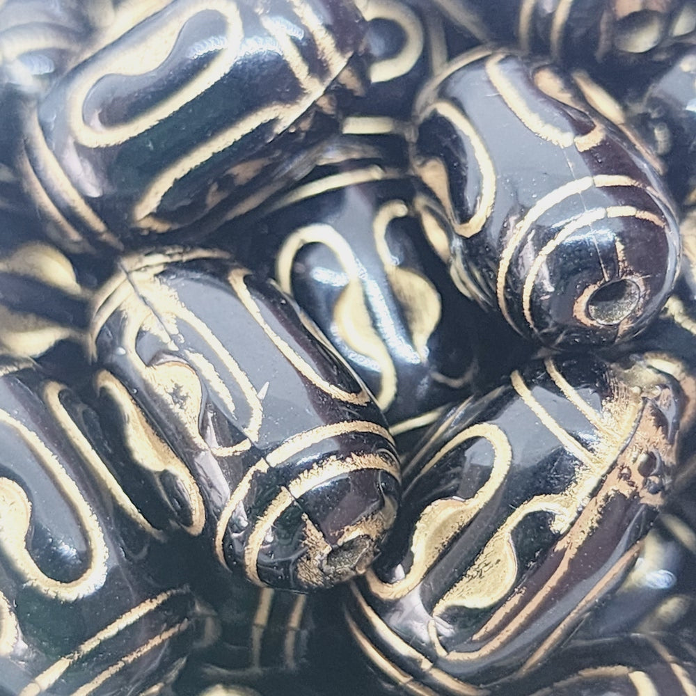 16x9.5mm Barrel (10) - Black/Gold - Vintage Art Deco Style Lucite Beads