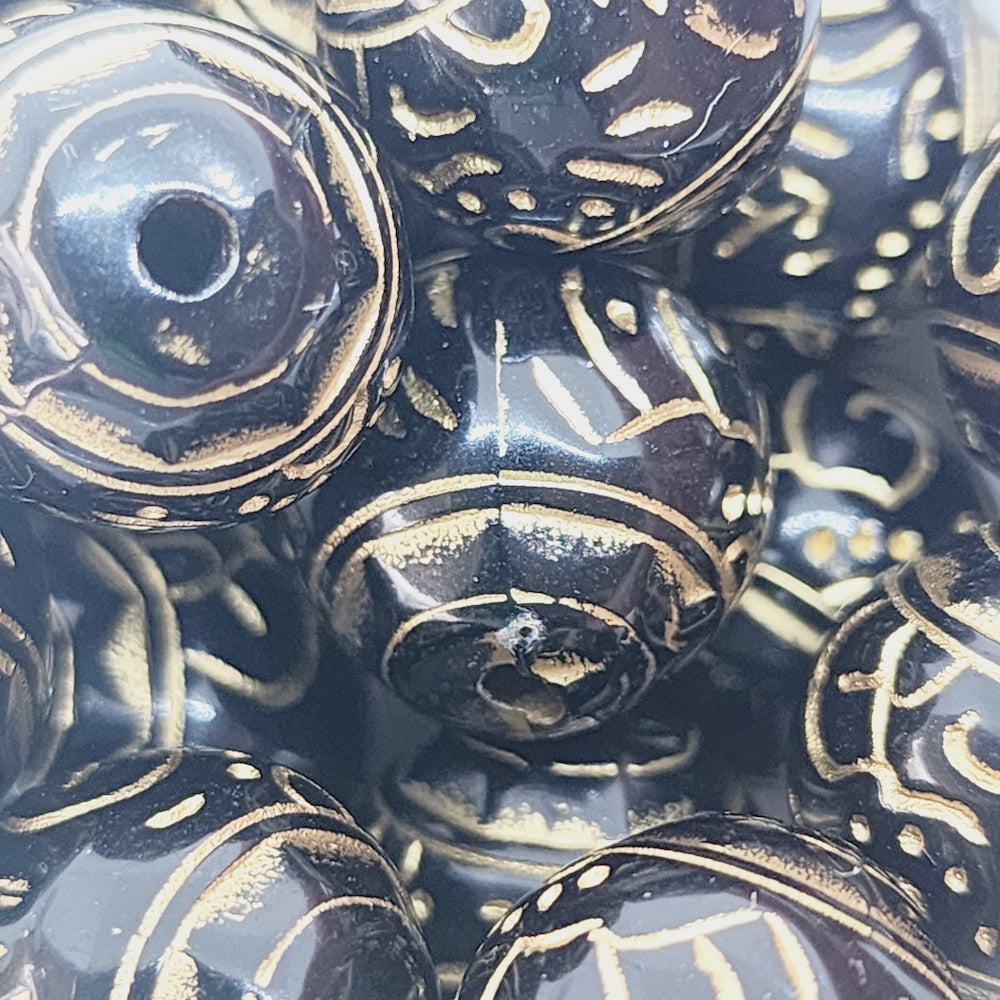 16mm Round (10) - Black/Gold - Vintage Art Deco Style Lucite Beads