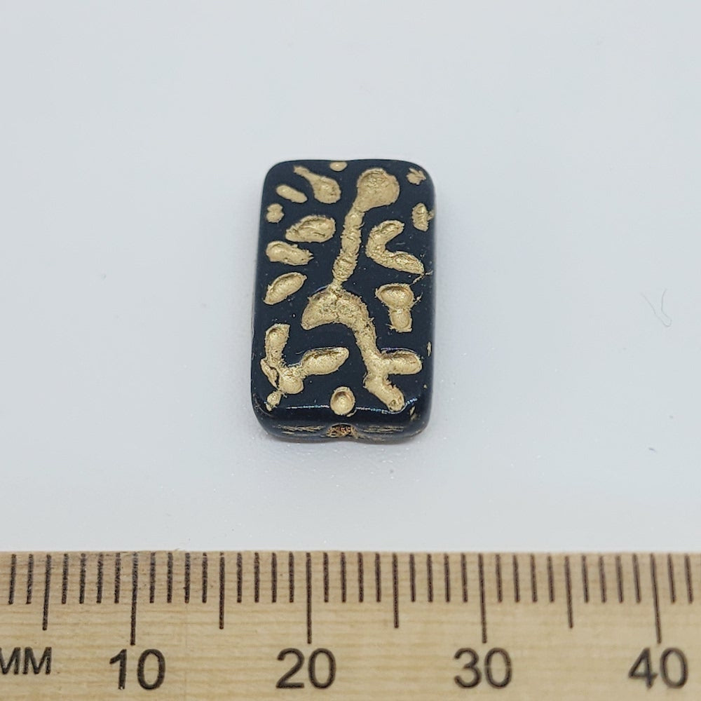 18x12mm Flat Rectangle (10) - Black Opaque w. Gold - Vintage Czech Glass Beads