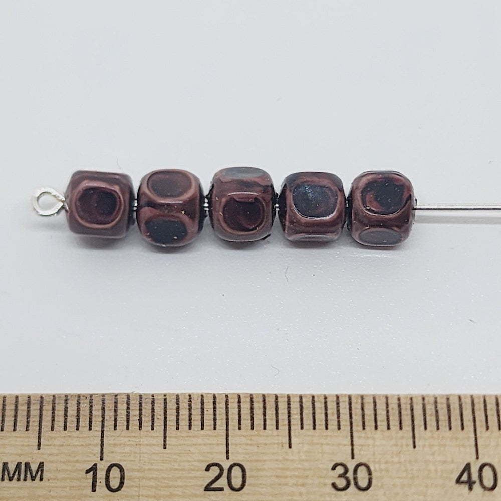 6mm Cube (50) - Dark Brown - Vintage Wood Veneer Marbled Effect Beads