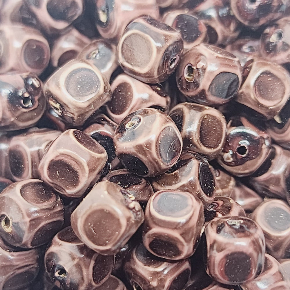 6mm Cube (50) - Dark Brown - Vintage Wood Veneer Marbled Effect Beads
