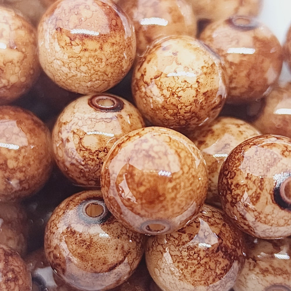 10mm Round (25) - Brown Bubble Glaze over Cream - Vintage Lucite Beads