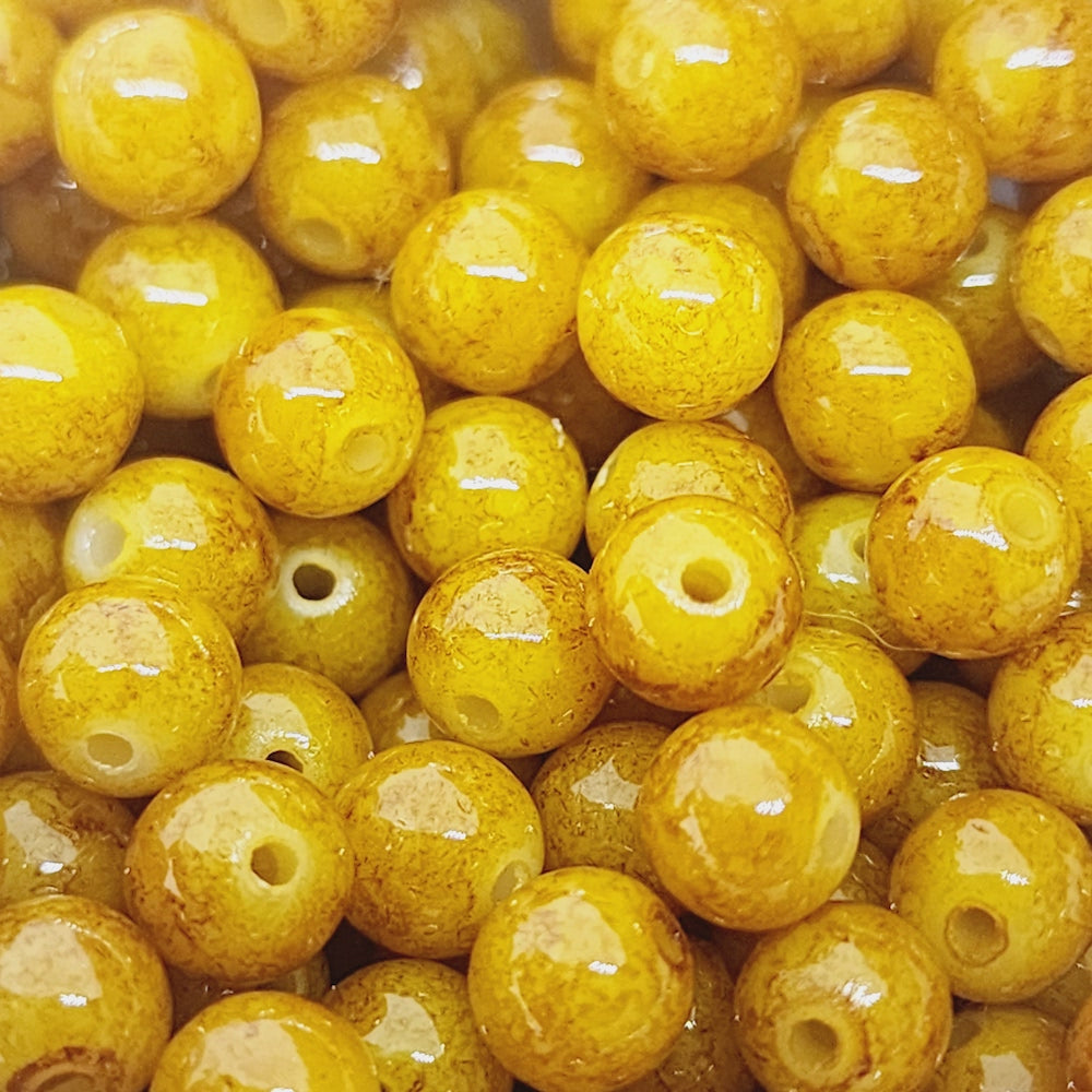 6mm Round (50) - Mustard Bubble Glaze over Cream - Vintage Lucite Beads
