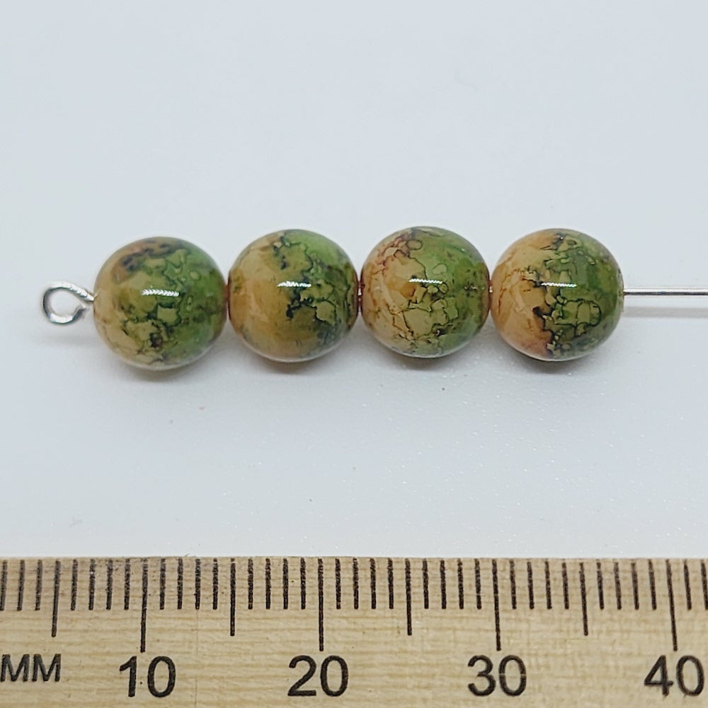 8mm Round (25) - Green Bubble Glaze over Tan - Vintage Lucite Beads