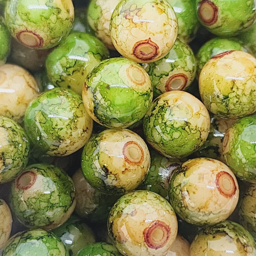 8mm Round (25) - Green Bubble Glaze over Tan - Vintage Lucite Beads