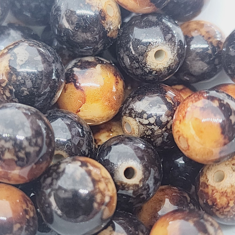 10mm Round (25) - Black Bubble Glaze over Tan - Vintage Lucite Beads