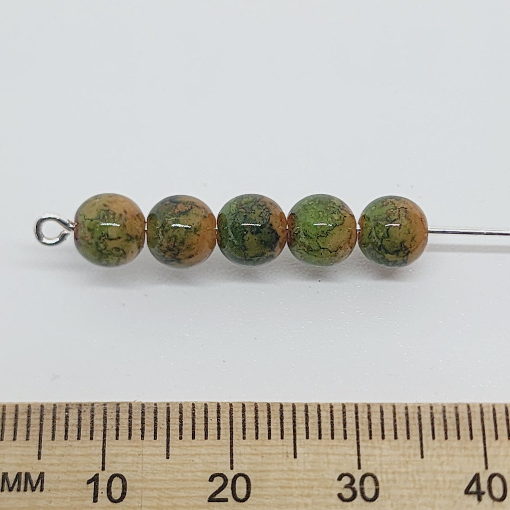 6mm Round (50) - Green Bubble Glaze over Tan - Vintage Lucite Beads