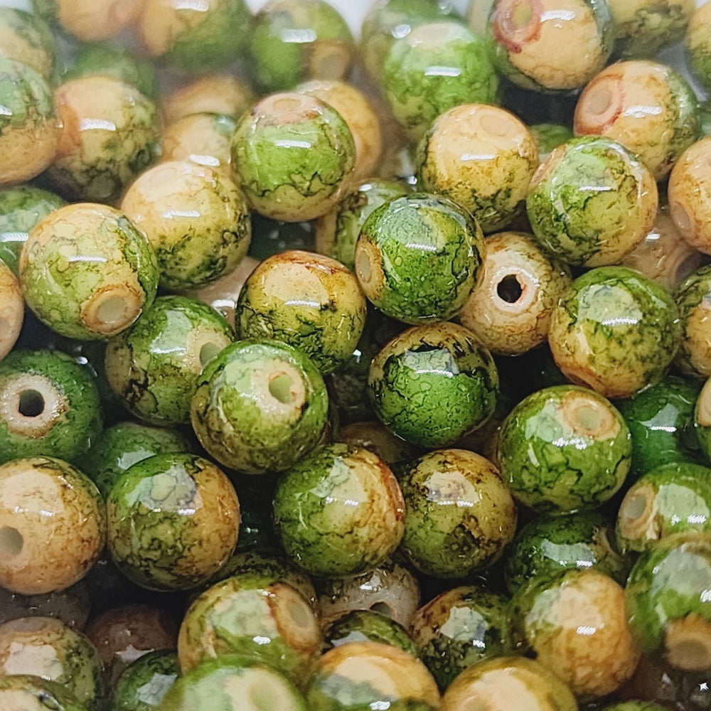 6mm Round (50) - Green Bubble Glaze over Tan - Vintage Lucite Beads