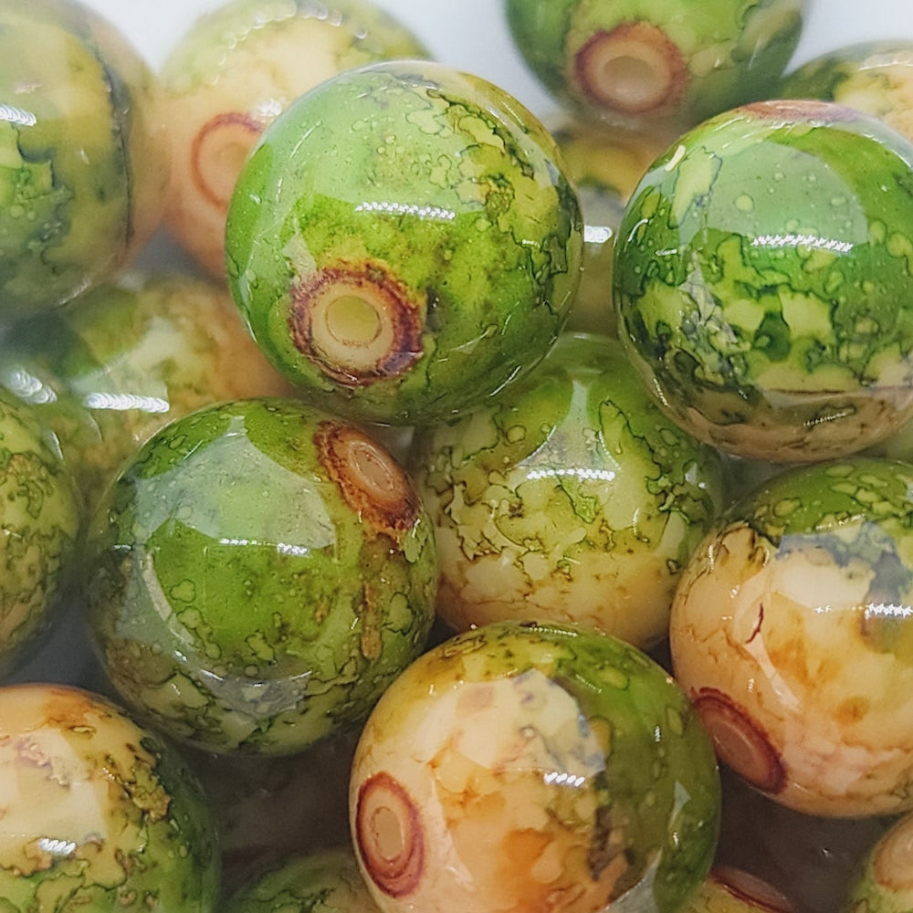 12mm Round (25) - Green Bubble Glaze over Tan - Vintage Lucite Beads