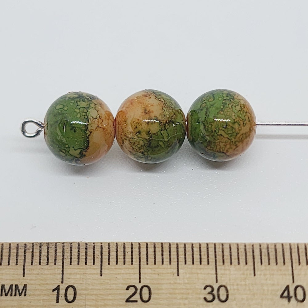10mm Round (25) - Green Bubble Glaze over Tan - Vintage Lucite Beads