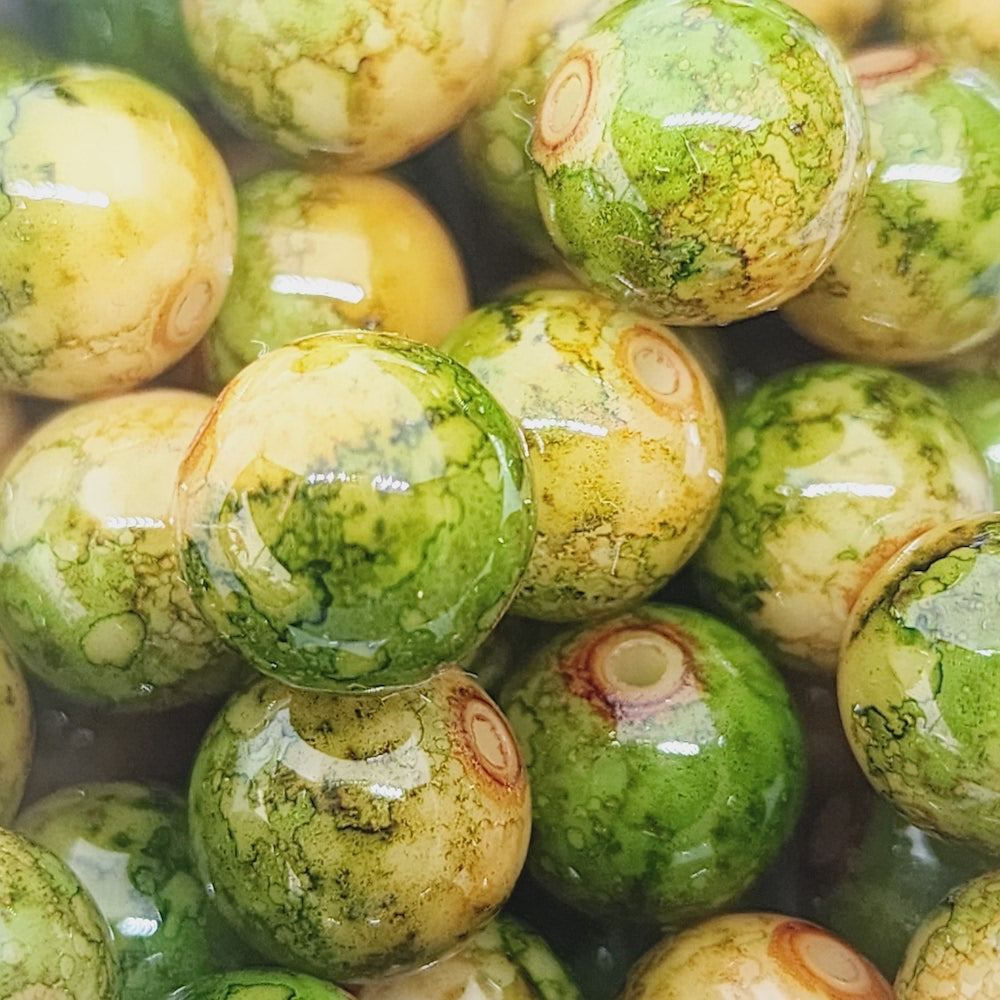 10mm Round (25) - Green Bubble Glaze over Tan - Vintage Lucite Beads
