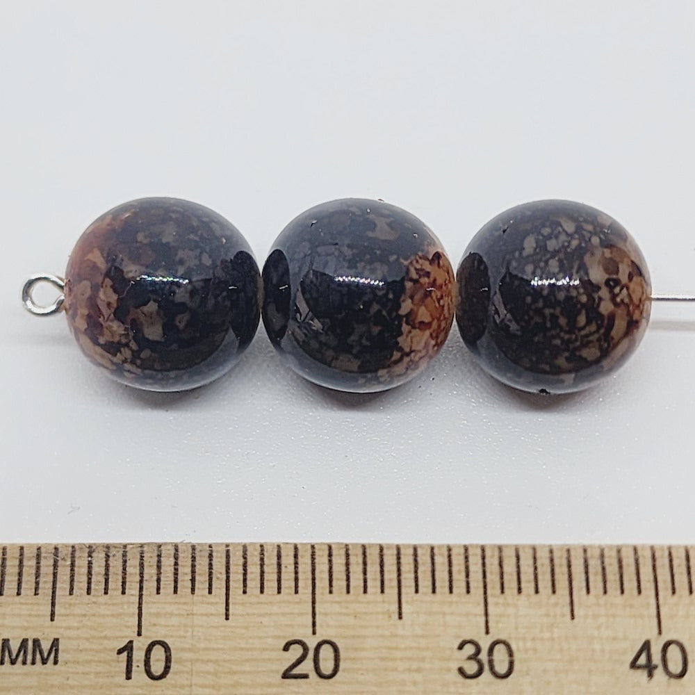 12mm Round (25) - Black Bubble Glaze over Tan - Vintage Lucite Beads