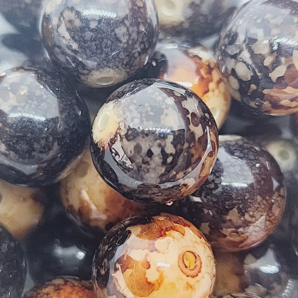 12mm Round (25) - Black Bubble Glaze over Tan - Vintage Lucite Beads