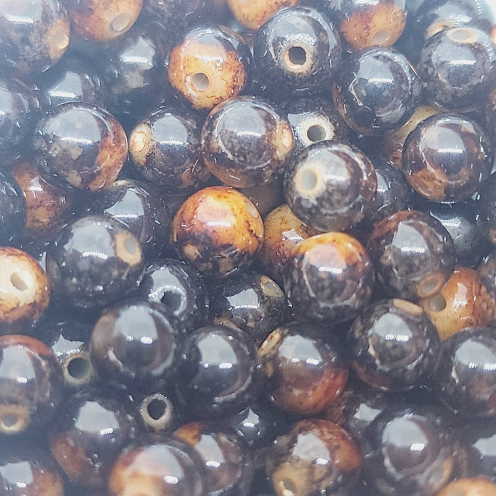 6mm Round (50) - Black Bubble Glaze over Tan - Vintage Lucite Beads