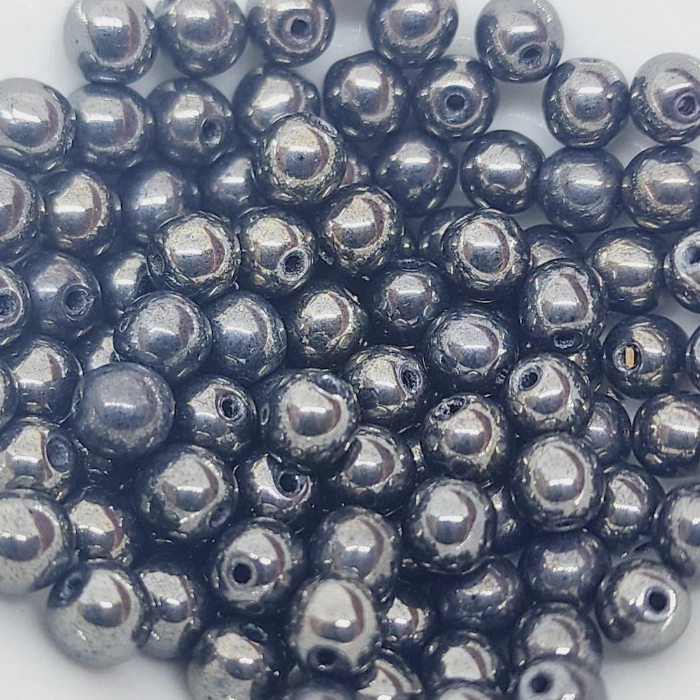 5mm Round Czech Glass Beads (50) - Gunmetal Lustre - Bead Shack