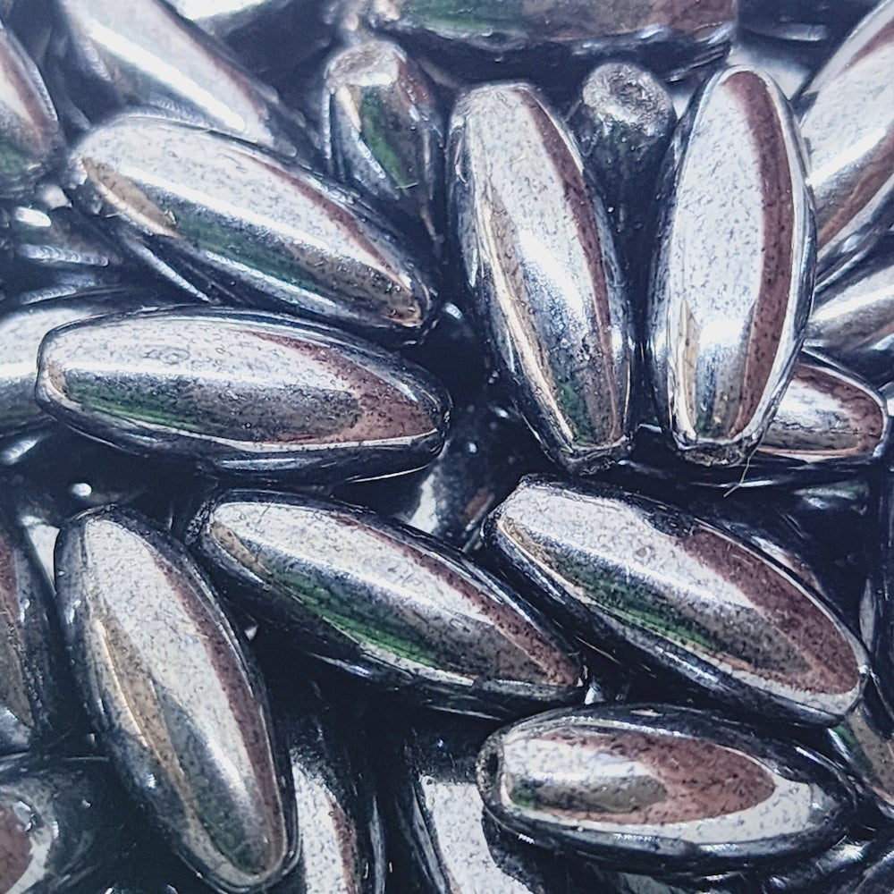 15x5mm Torpedo Czech Glass Beads (10) - Gunmetal Lustre - Bead Shack