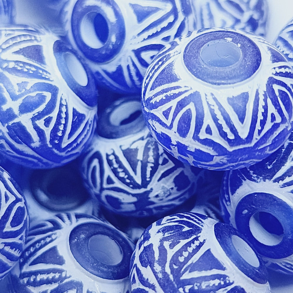 12x16mm Rondelle (10) - Blue w. White - Vintage Baroque Lucite Beads