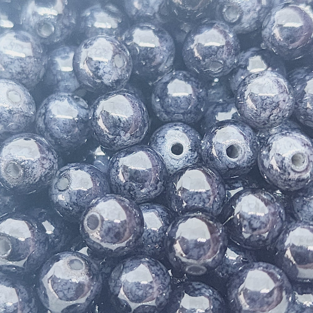 6mm Round (50) - Black Bubble Glaze over Grey - Vintage Lucite Beads