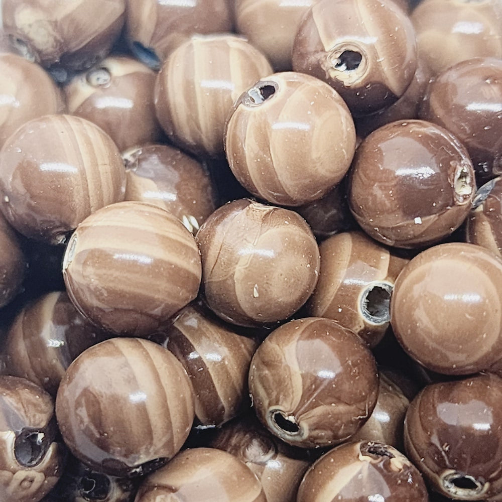 8mm Round (50) - Medium Brown - Vintage Wood Veneer Marbled Effect Beads