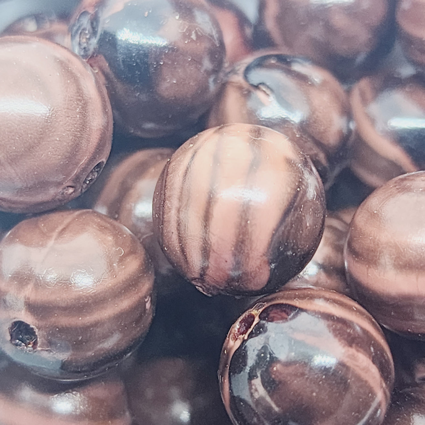 12mm Round (25) - Dark Brown - Vintage Wood Veneer Marbled Effect Beads