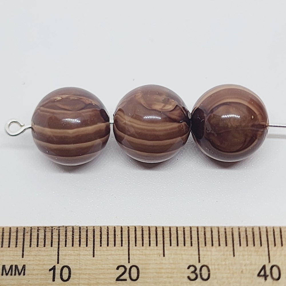 12mm Round (25) - Medium Brown - Vintage Wood Veneer Marbled Effect Beads