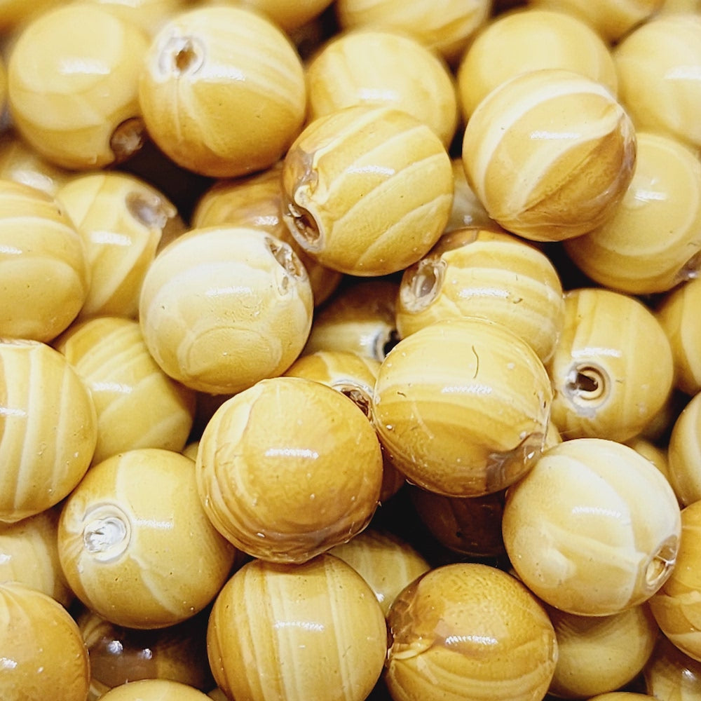 8mm Round (50) - Cream - Vintage Wood Veneer Marbled Effect Beads