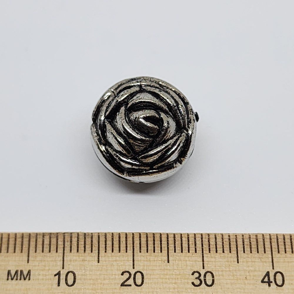 15mm Round Rose (10) - Antique Silver - Vintage Metalised Beads
